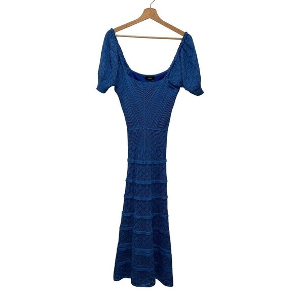 Aqua Blue Puff Sleeves Knit Stretch Crochet Midi Dress Women's Size S - Picture 2 of 10